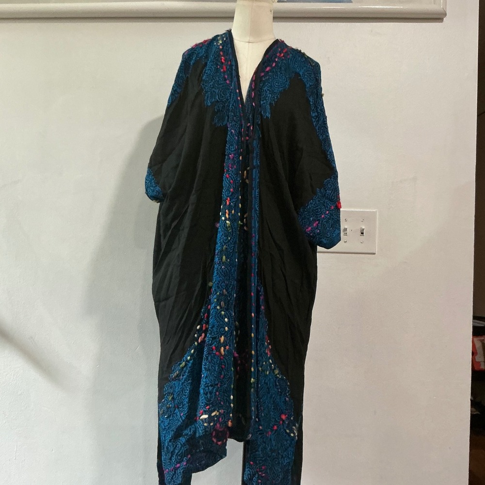 Raj Embroidered Open Front Kimono Duster Black Blue Boho One Size